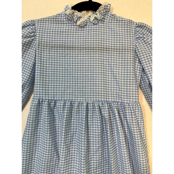Baylis Brothers 70's VTG Blue & White Gingham Dress Girl 6X 3/4 Sleeve Lace Trim - Picture 8 of 8